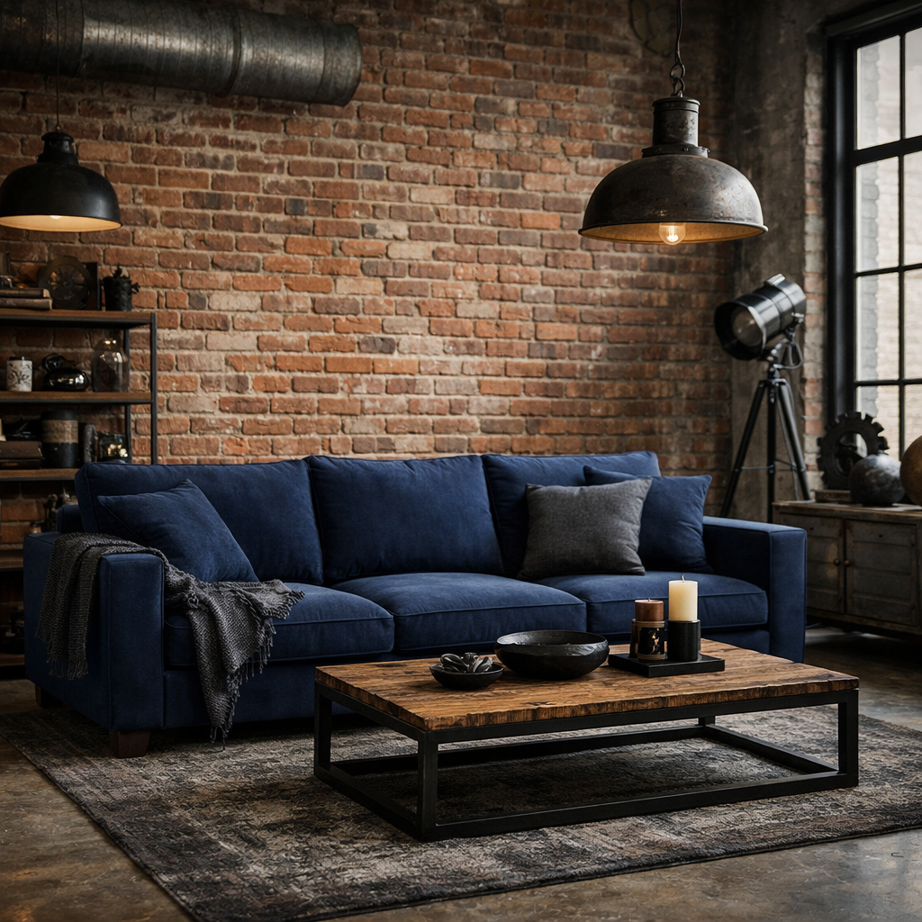 A stylish living room featuring a navy blue sofa, wooden coffee table, and industrial decor