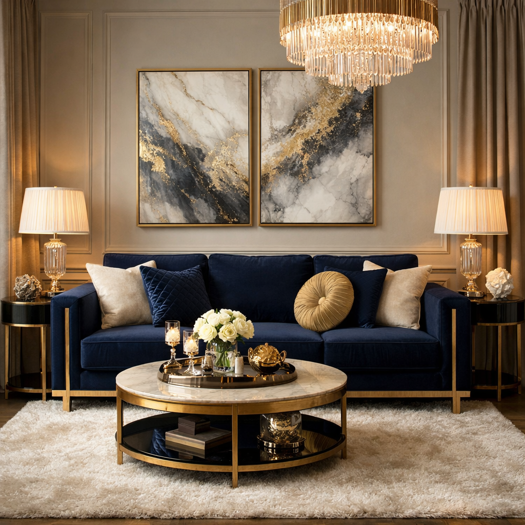 A luxurious living room featuring a navy blue sofa, gold accents, and elegant wall art.