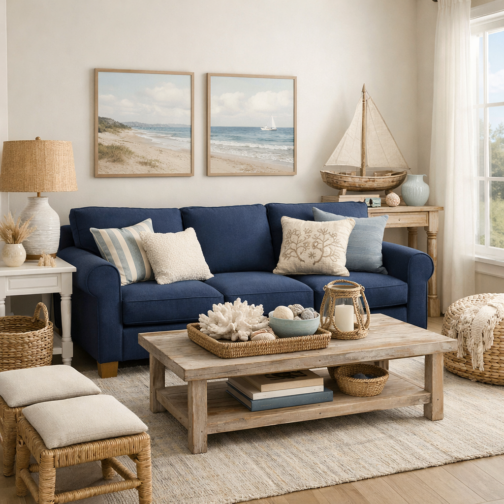Living room featuring a navy blue sofa, coastal decor, and natural accents.