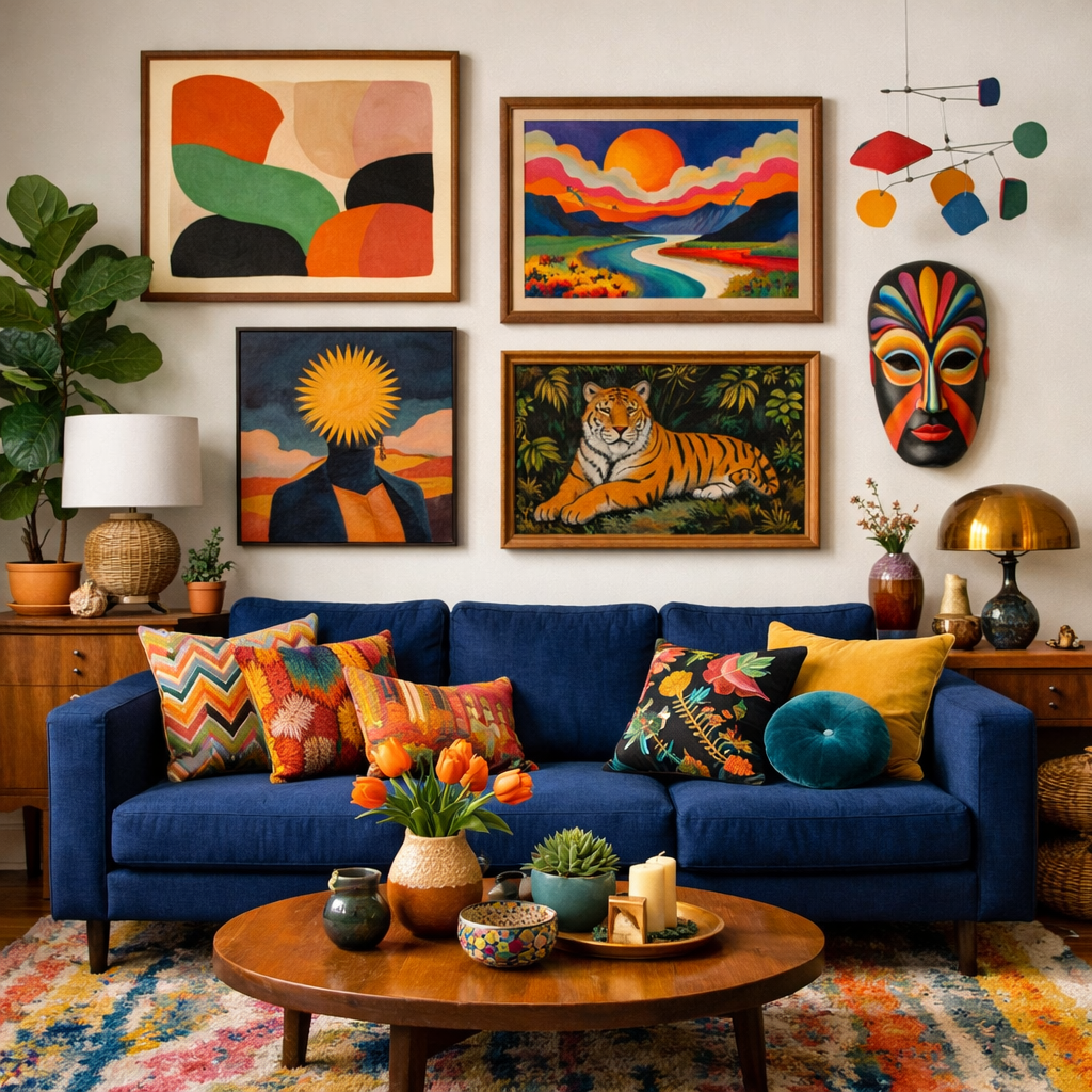 A living room featuring a navy blue sofa, colorful patterned cushions, and eclectic wall art.