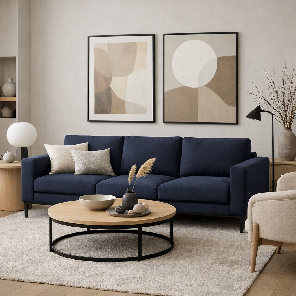 A living room featuring a navy blue sofa, a round coffee table, and minimalist decor.