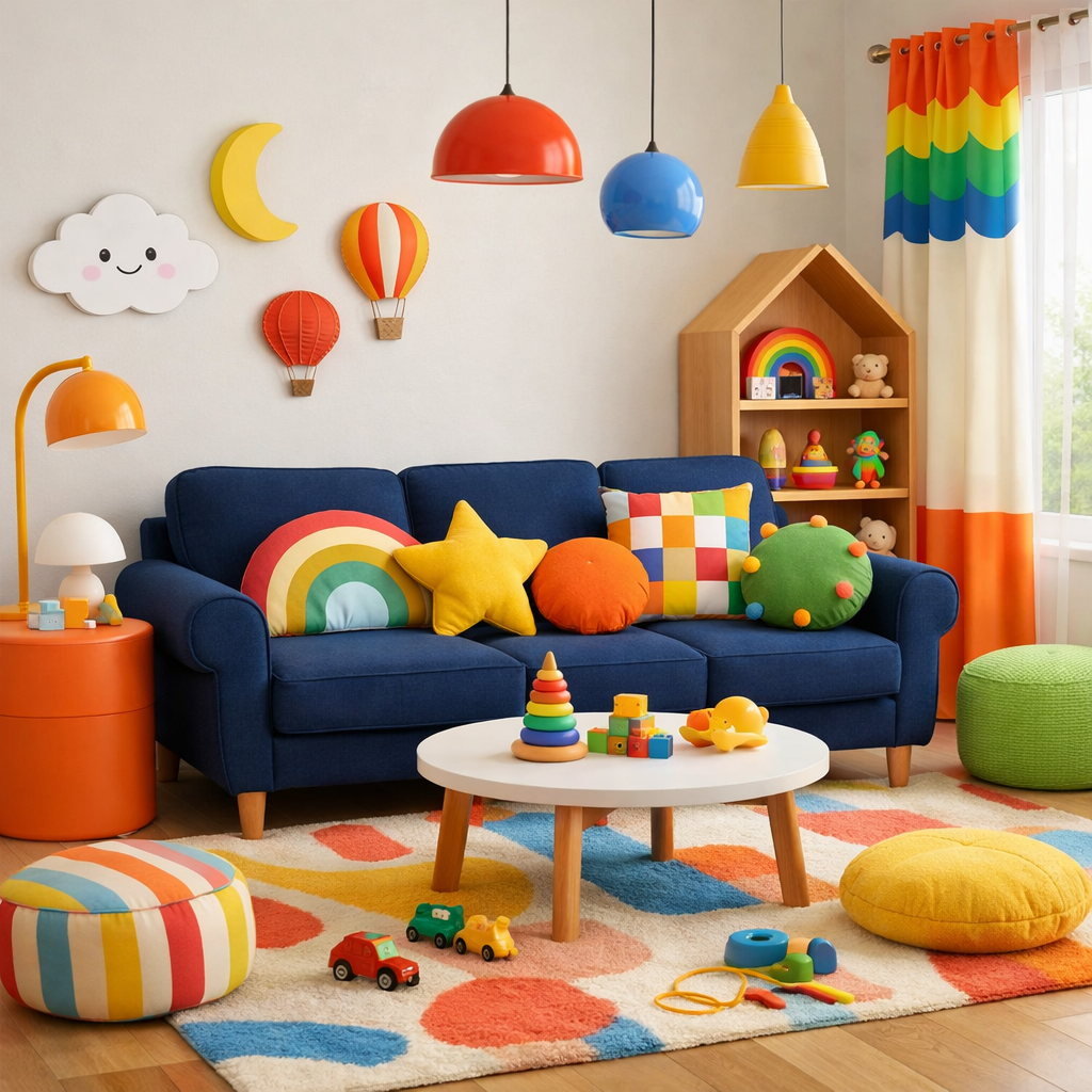 A colorful living room featuring a navy blue sofa with bright pillows and playful decor.