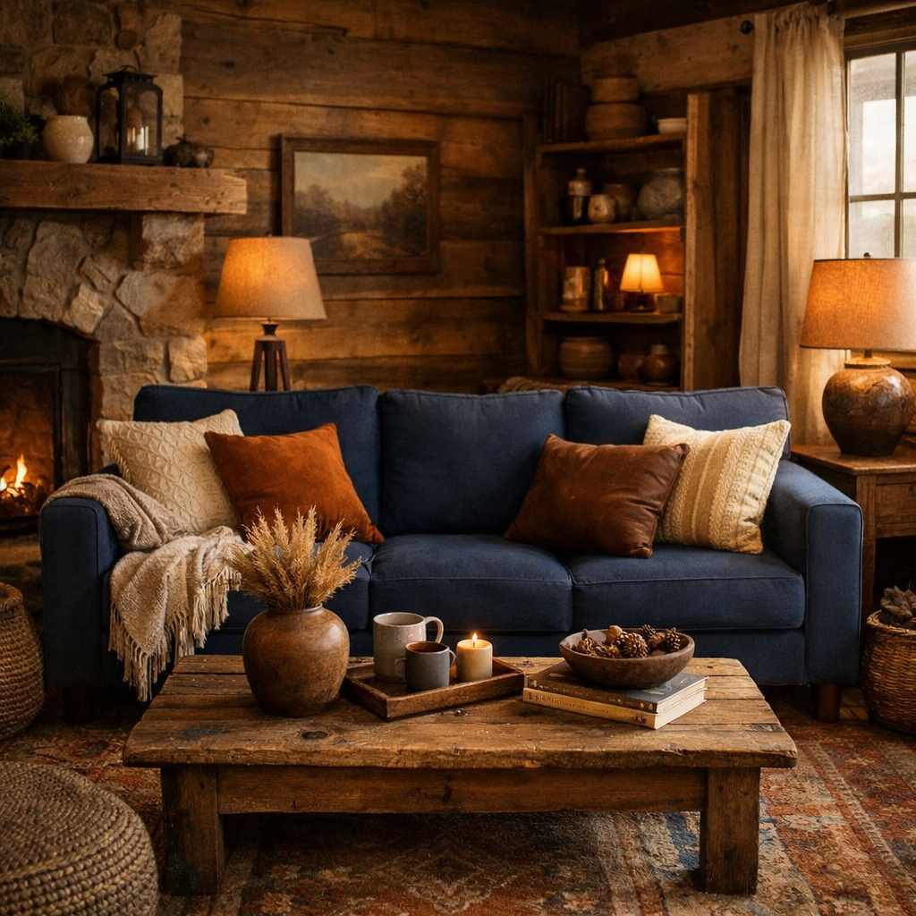A cozy living room featuring a navy blue sofa, rustic decor, and warm lighting.