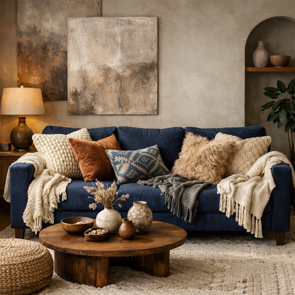 A navy blue sofa with various textured pillows and a wooden coffee table in a cozy living room setting.