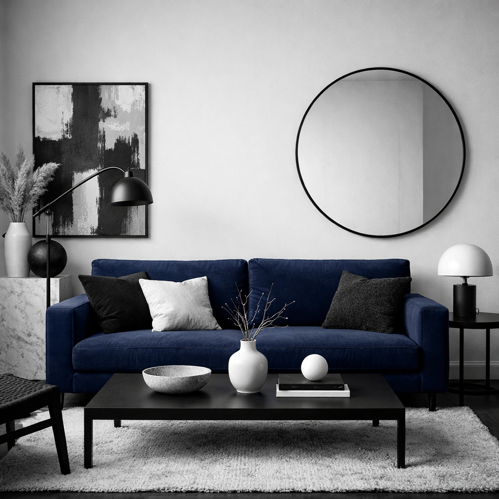 Navy blue sofa in a stylish monochrome living room with modern decor.