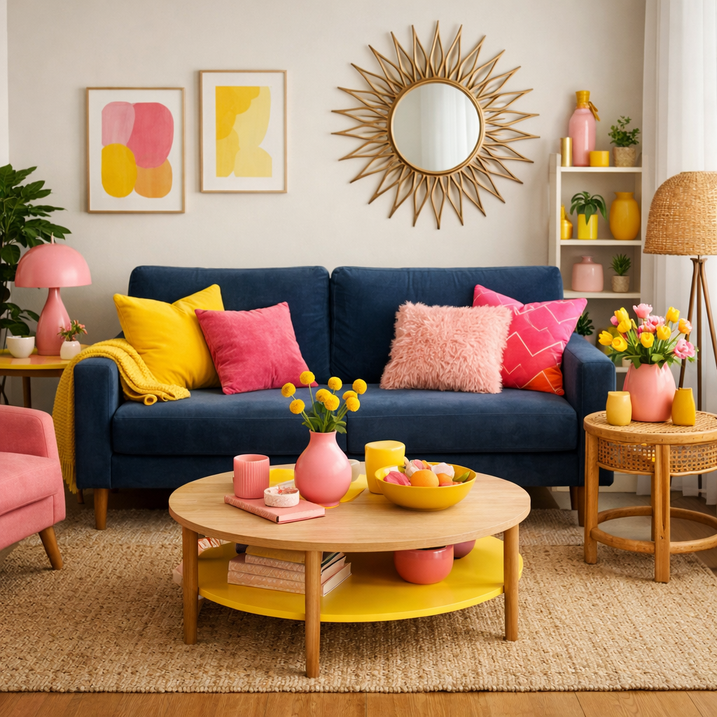 A stylish living room featuring a dark blue sofa, bright pillows, and vibrant decor
