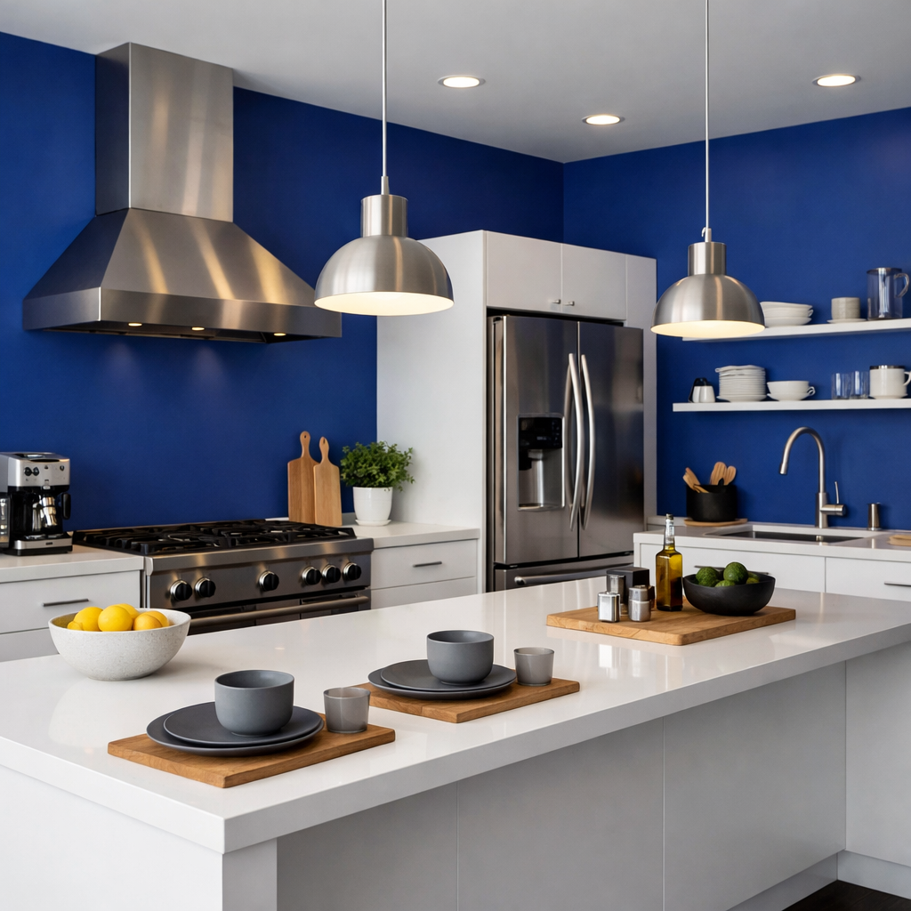 A modern kitchen with royal blue accent walls, featuring stainless steel appliances and sleek white cabinetry.