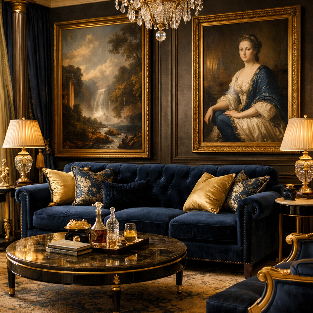 A luxurious living room featuring a dark blue tufted sofa, gold accents, elegant lighting, and classical artwork.