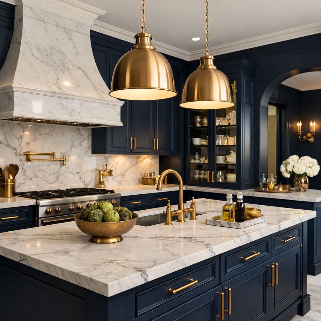 A beautiful navy blue kitchen featuring gold accents, marble countertops, and stylish lighting.