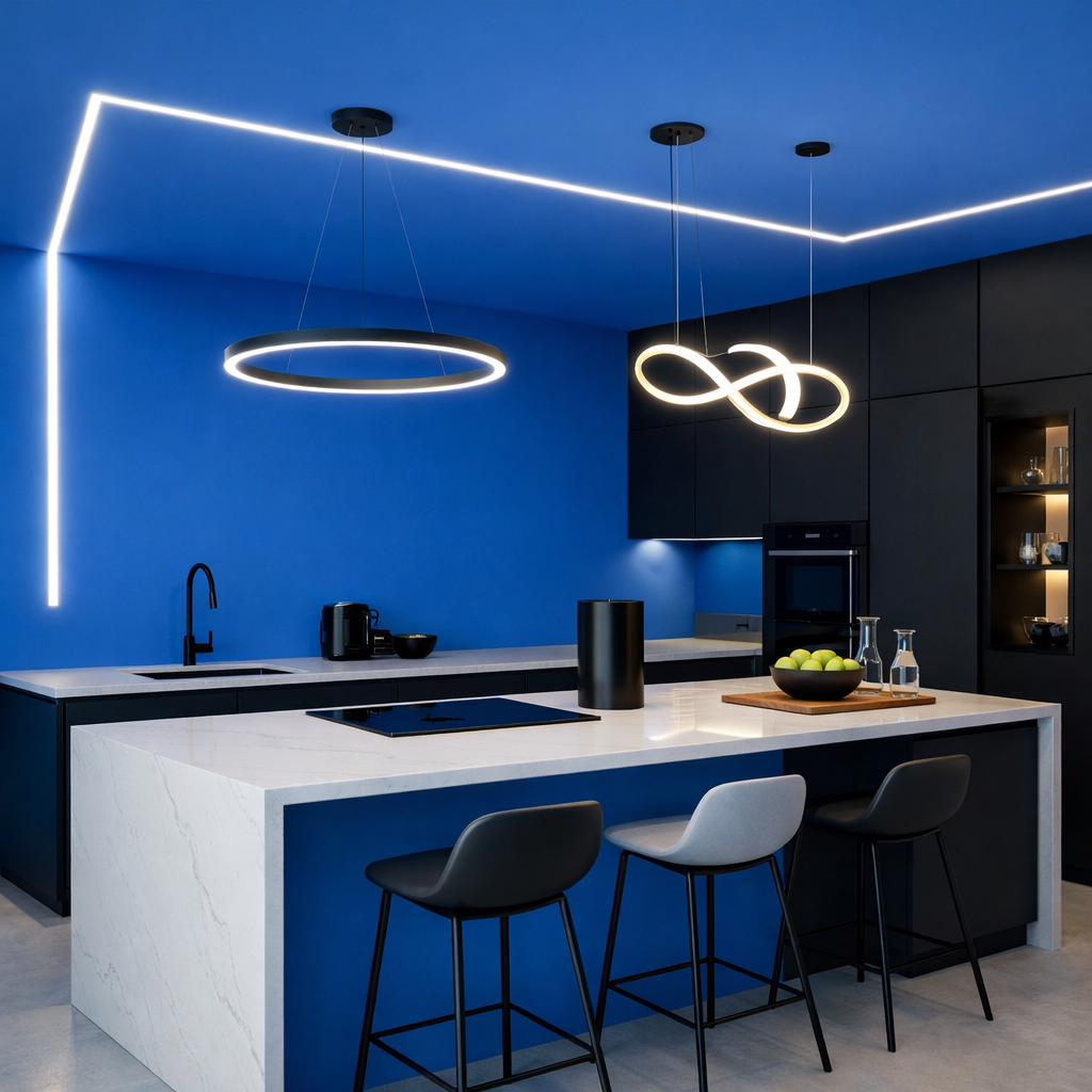 Modern kitchen with electric blue walls and stylish black cabinets