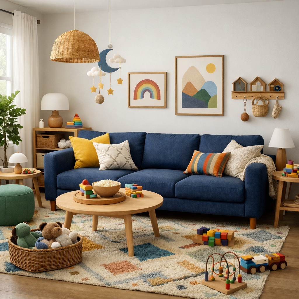 Bright family-friendly living room with a dark blue sofa and colorful decor.