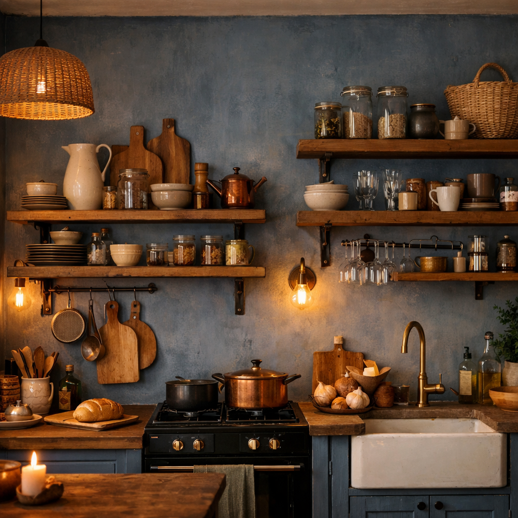 A cozy kitchen with muted denim blue walls, wooden shelves filled with dishware, and warm lighting.