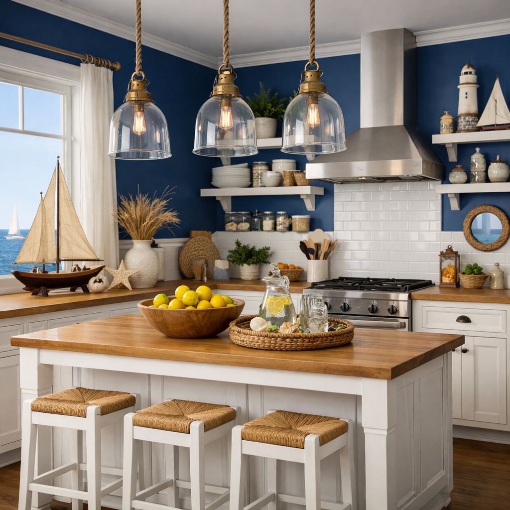 A kitchen with deep blue walls, nautical decor, and a wooden island with lemons.