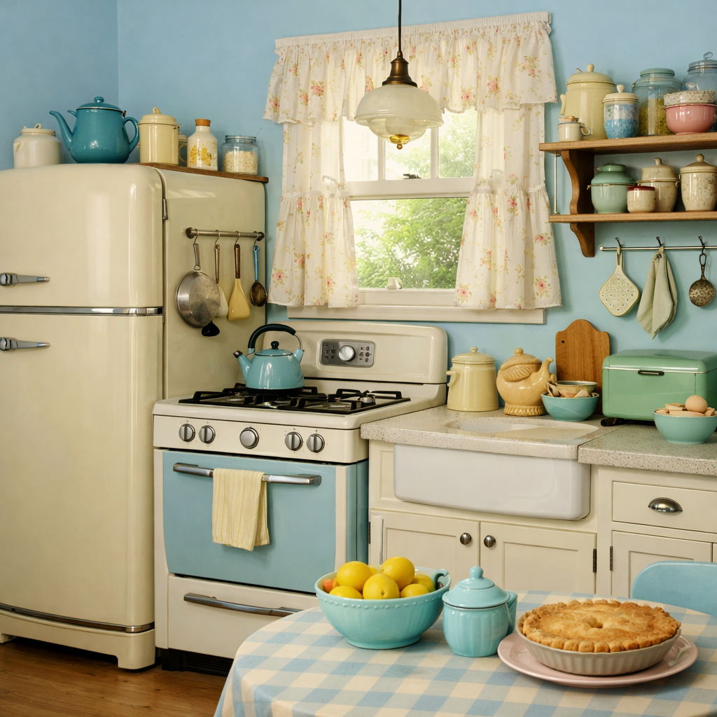 A vintage kitchen with pastel blue walls, showcasing retro appliances, floral curtains, and a cozy table setting.