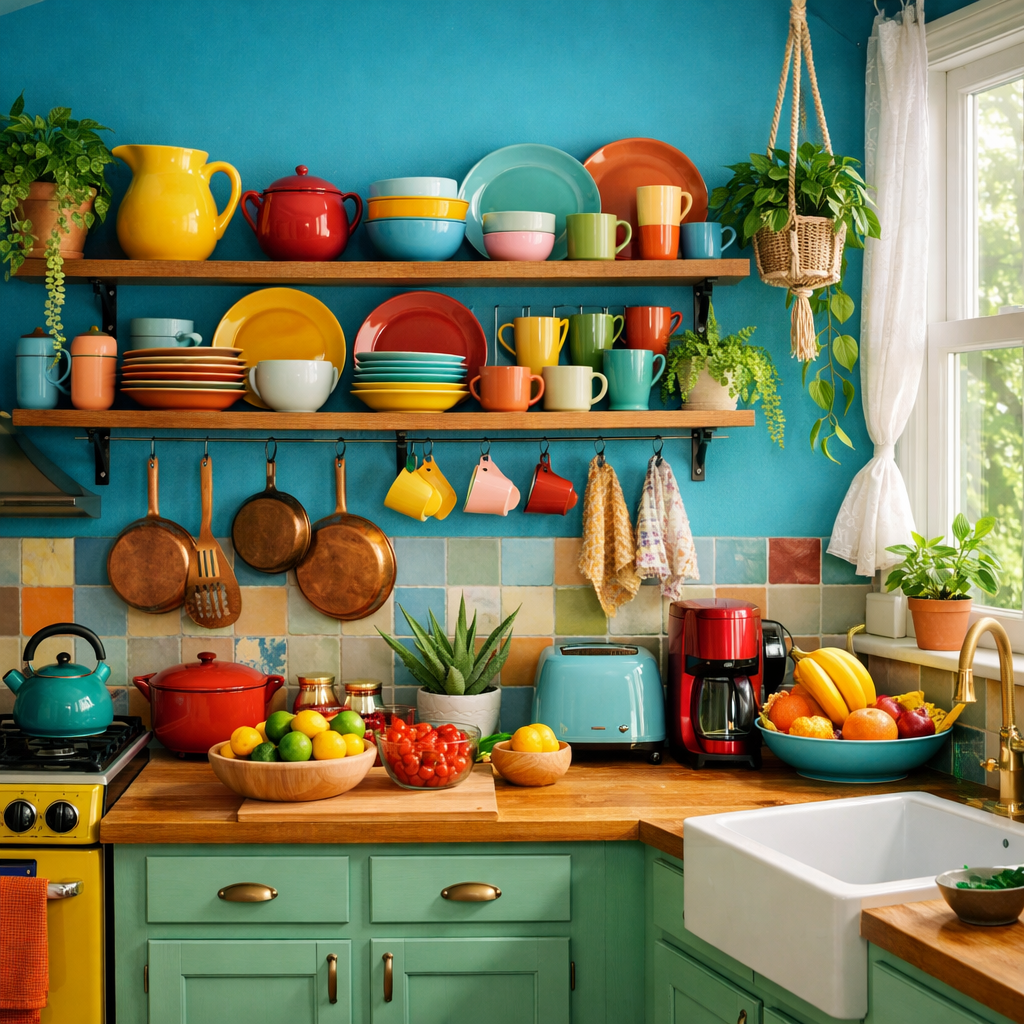 A brightly colored kitchen featuring turquoise walls, colorful dishware, and wooden accents.