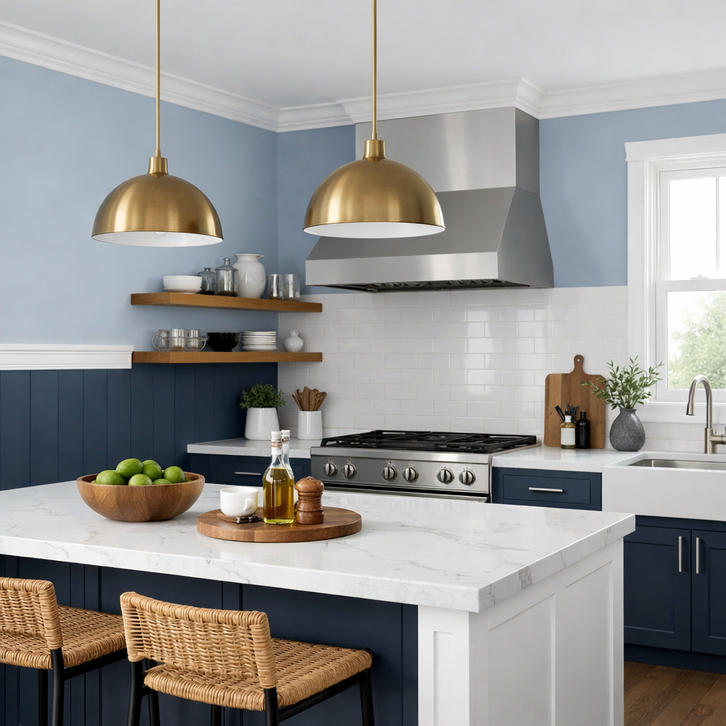 A kitchen with two-tone blue walls, featuring a navy lower half and light blue upper half, white trim, and stylish decor.