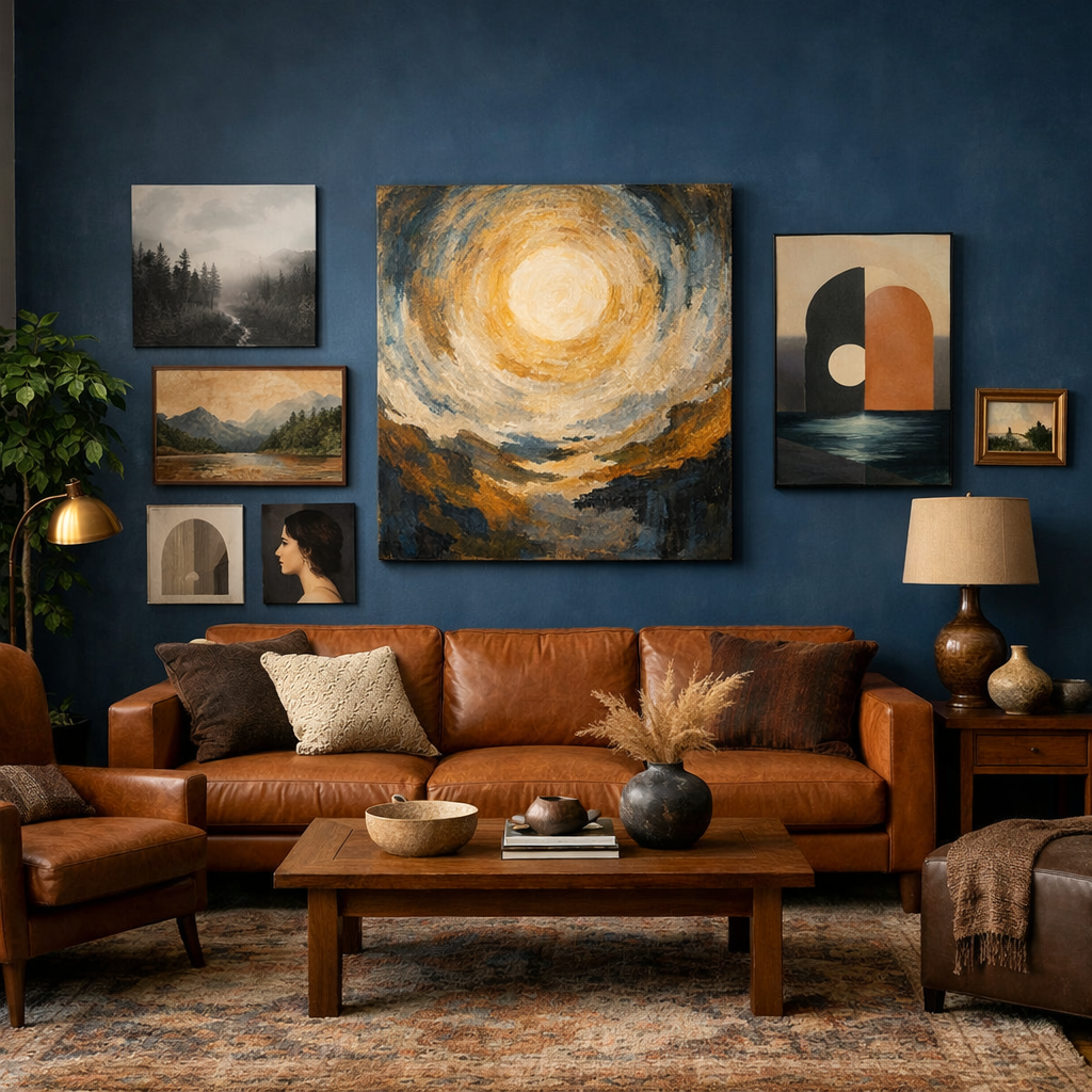 Living room with a deep blue accent wall, brown leather furniture, and various artworks.