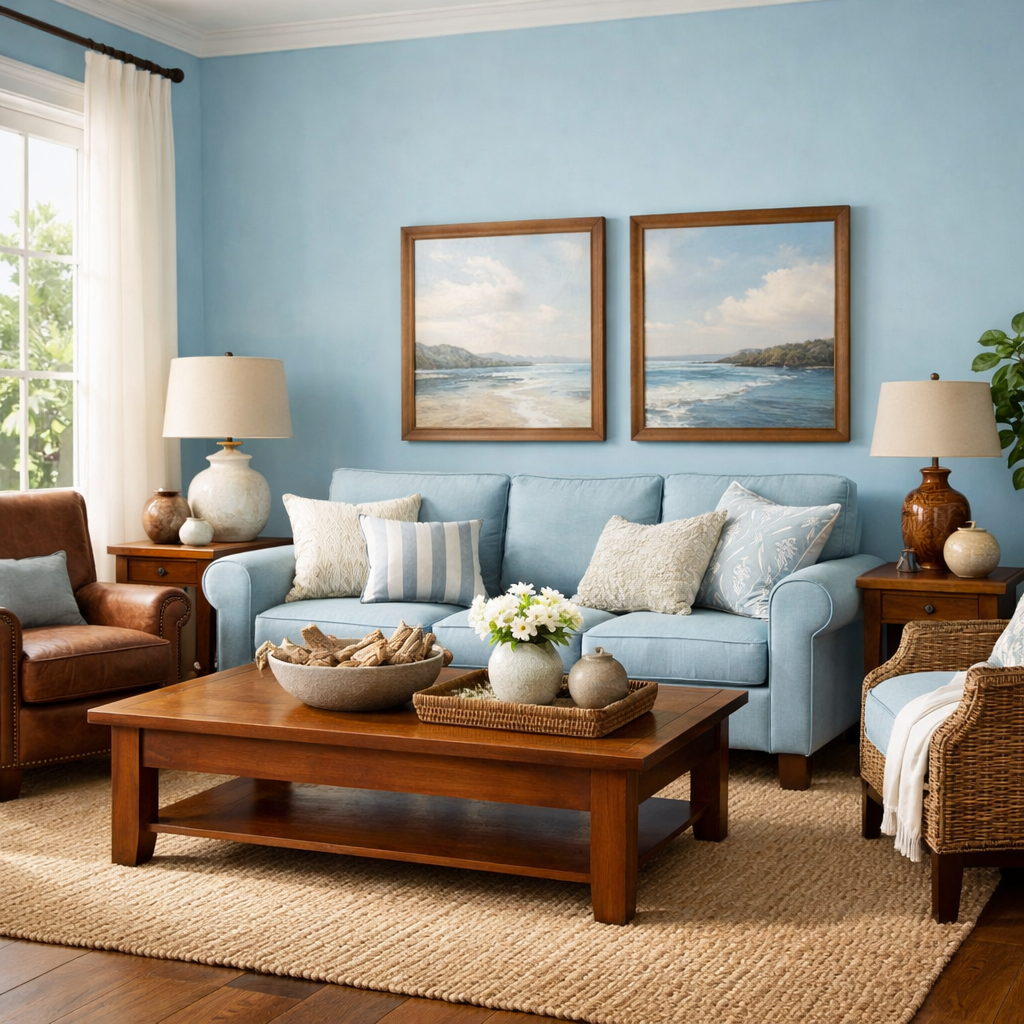 Bright living room with light blue walls, blue sofa, brown furniture, and natural light.