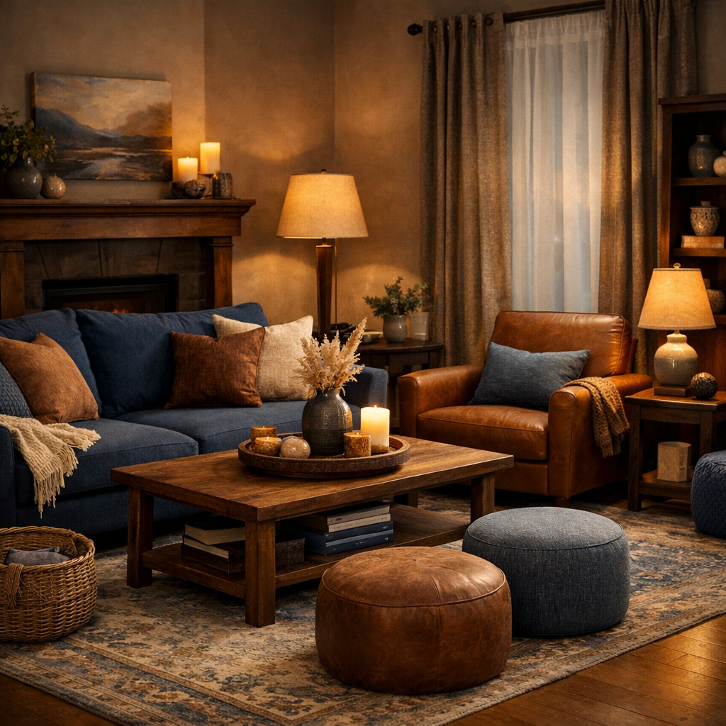 Cozy living room featuring a blue sofa, brown leather chair, and a wooden coffee table.