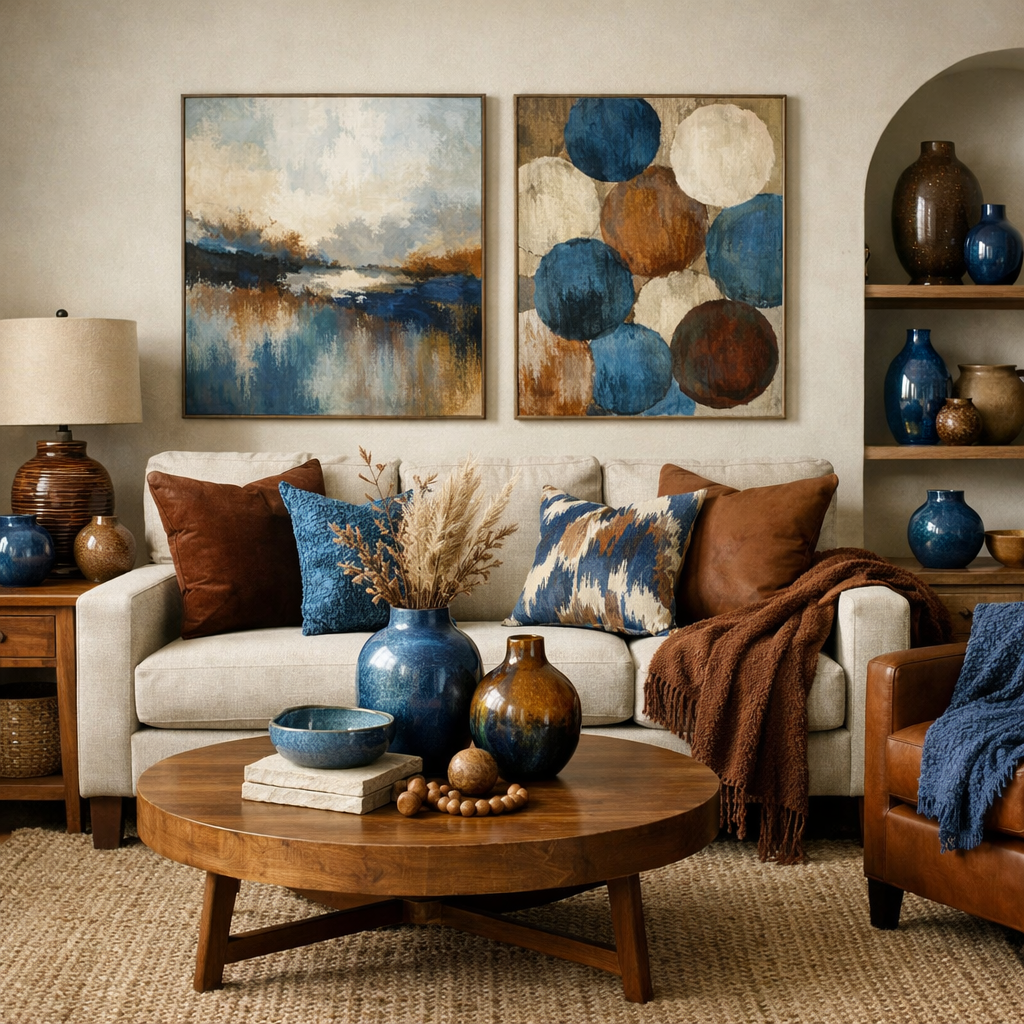 A beautifully decorated living room featuring a mix of blue and brown colors with cozy accessories.