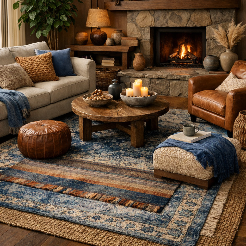 A cozy living room with layered rugs in blue and brown tones, featuring a comfortable sofa, wooden coffee table, and a warm fireplace.