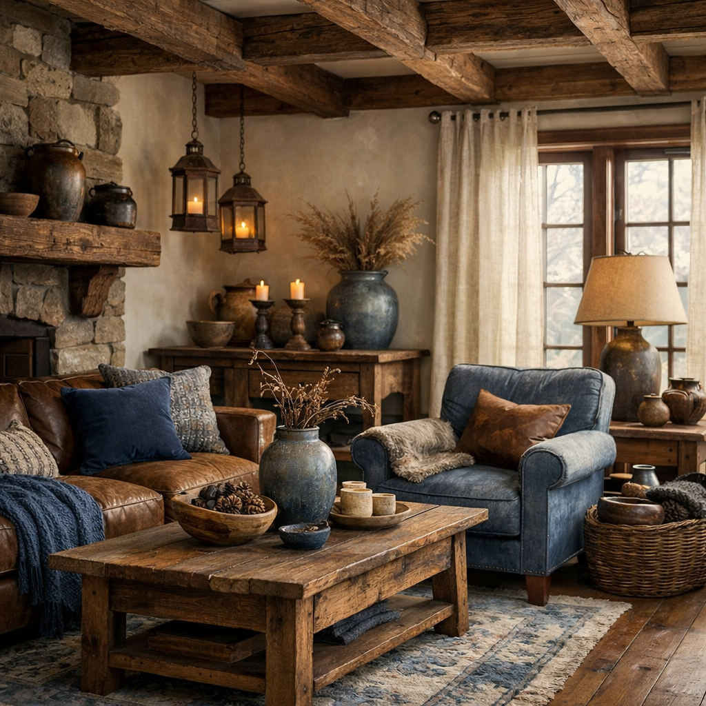 A cozy rustic living room featuring a brown leather sofa, a blue armchair, and a wooden coffee table with natural decor elements.