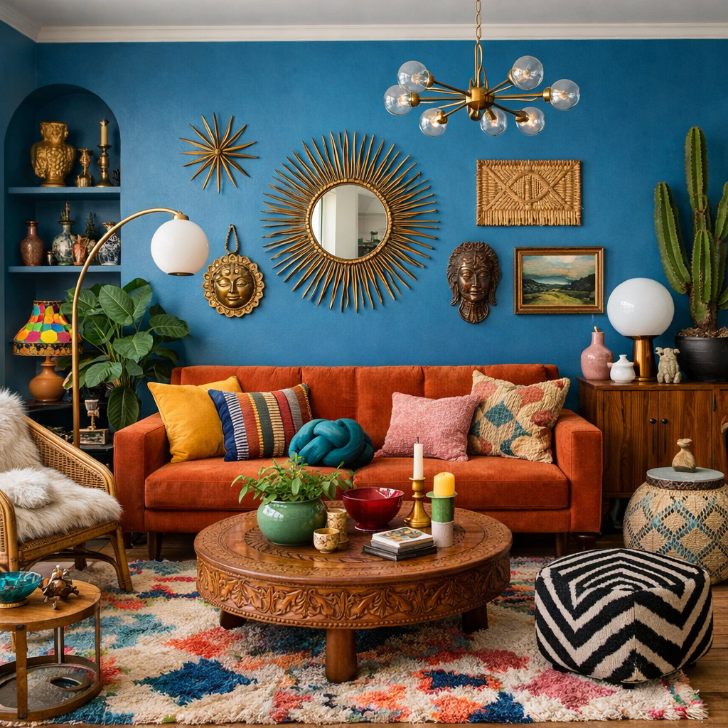 Eclectic living room with cerulean blue accent wall, orange sofa, colorful cushions, and artistic decor