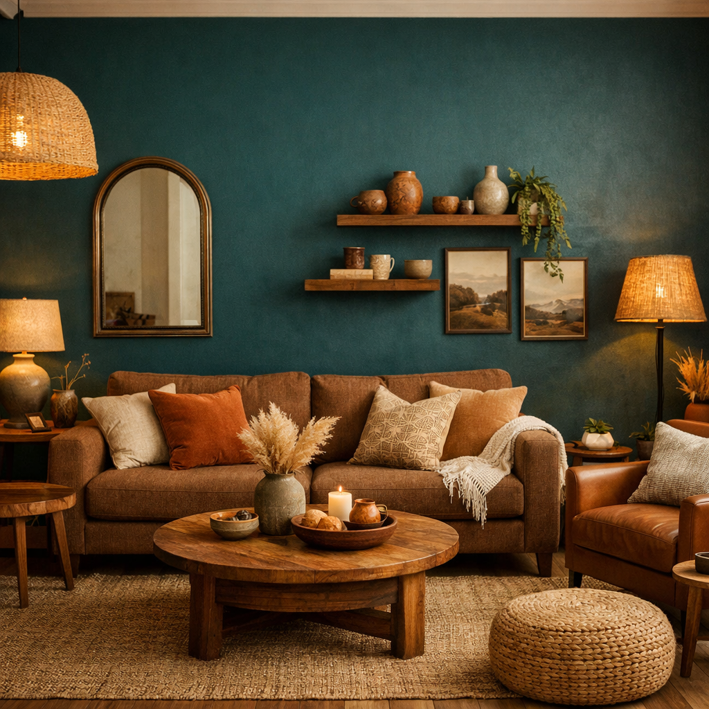 A living room with a deep teal accent wall, brown sofa, wooden decor, and cozy lighting