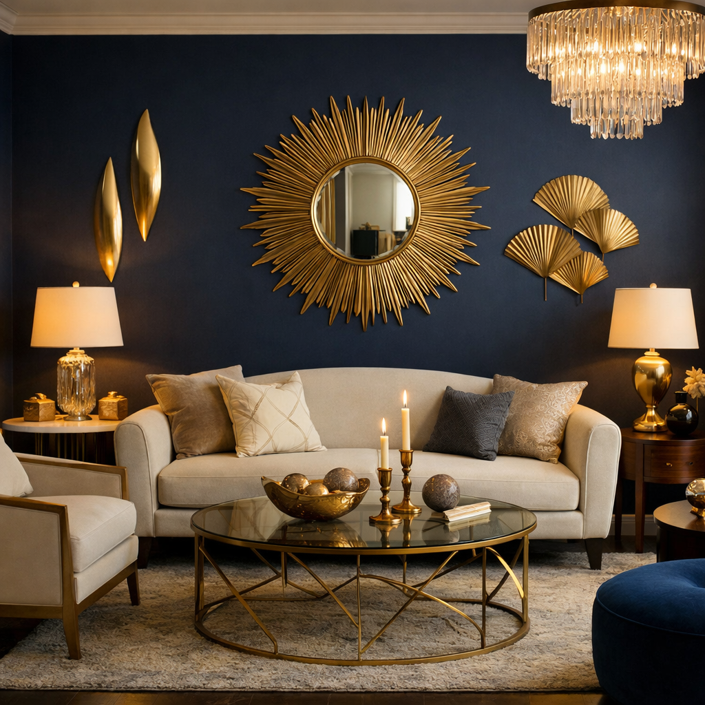Elegant living room featuring a navy blue accent wall with gold decor and furnishings.