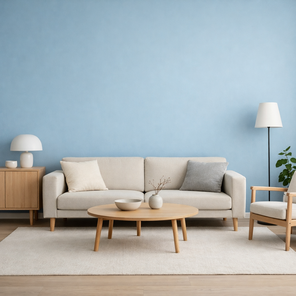 A cozy living room featuring a powder blue accent wall, minimalist furniture, and natural decor elements.