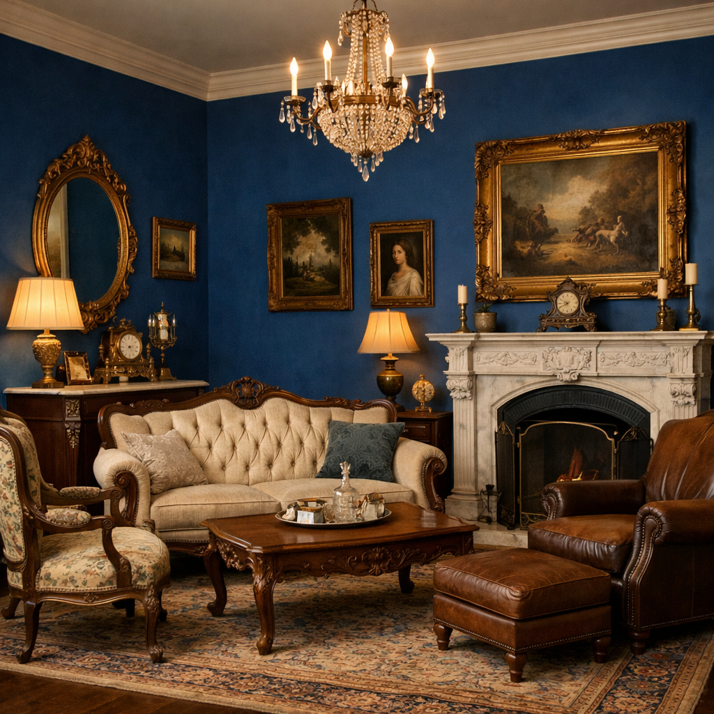 Cozy living room featuring a royal blue accent wall, vintage furniture, and elegant decor.