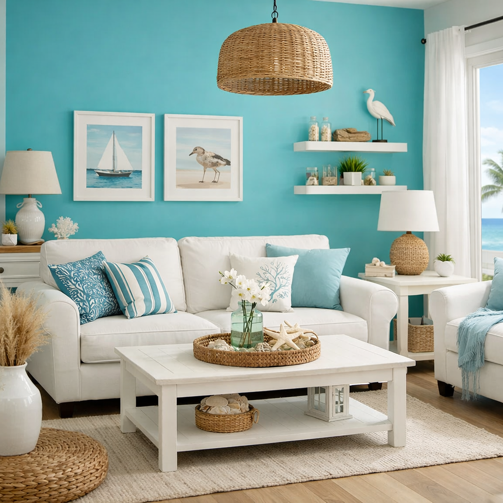 Living room with turquoise accent wall and white furniture, showcasing beachy decor.