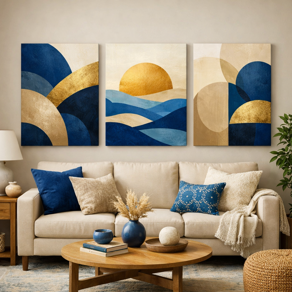 Artistic blue and beige wall art in a stylish living room.