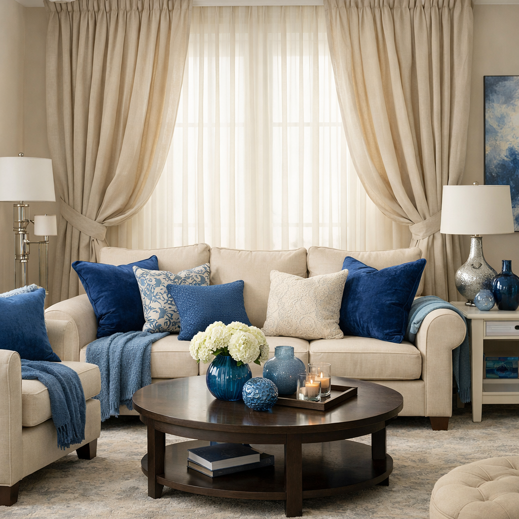 A cozy living room featuring beige curtains and blue accents, with a beige sofa, textured blue pillows, and a round wooden coffee table.