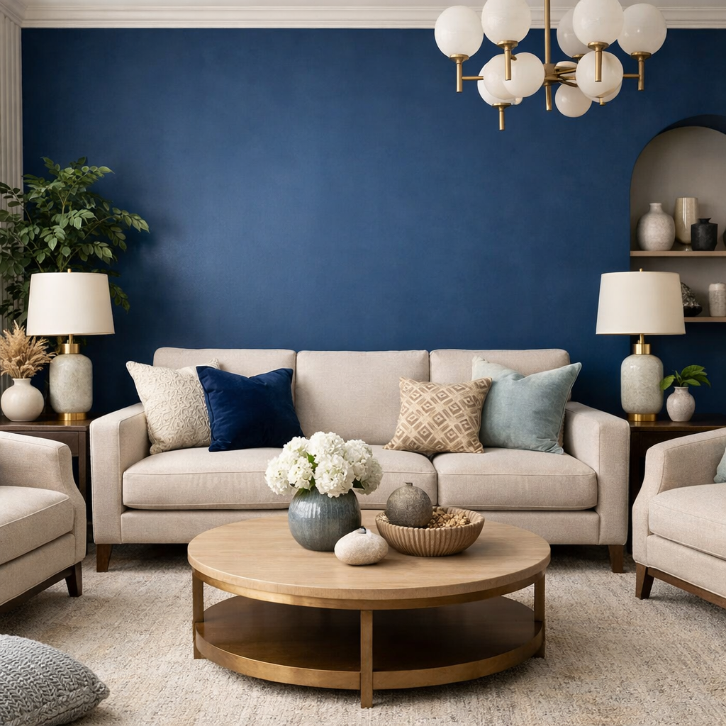 Dining room with elegant blue accent wall, beige sofas, a round table, and decorative items.