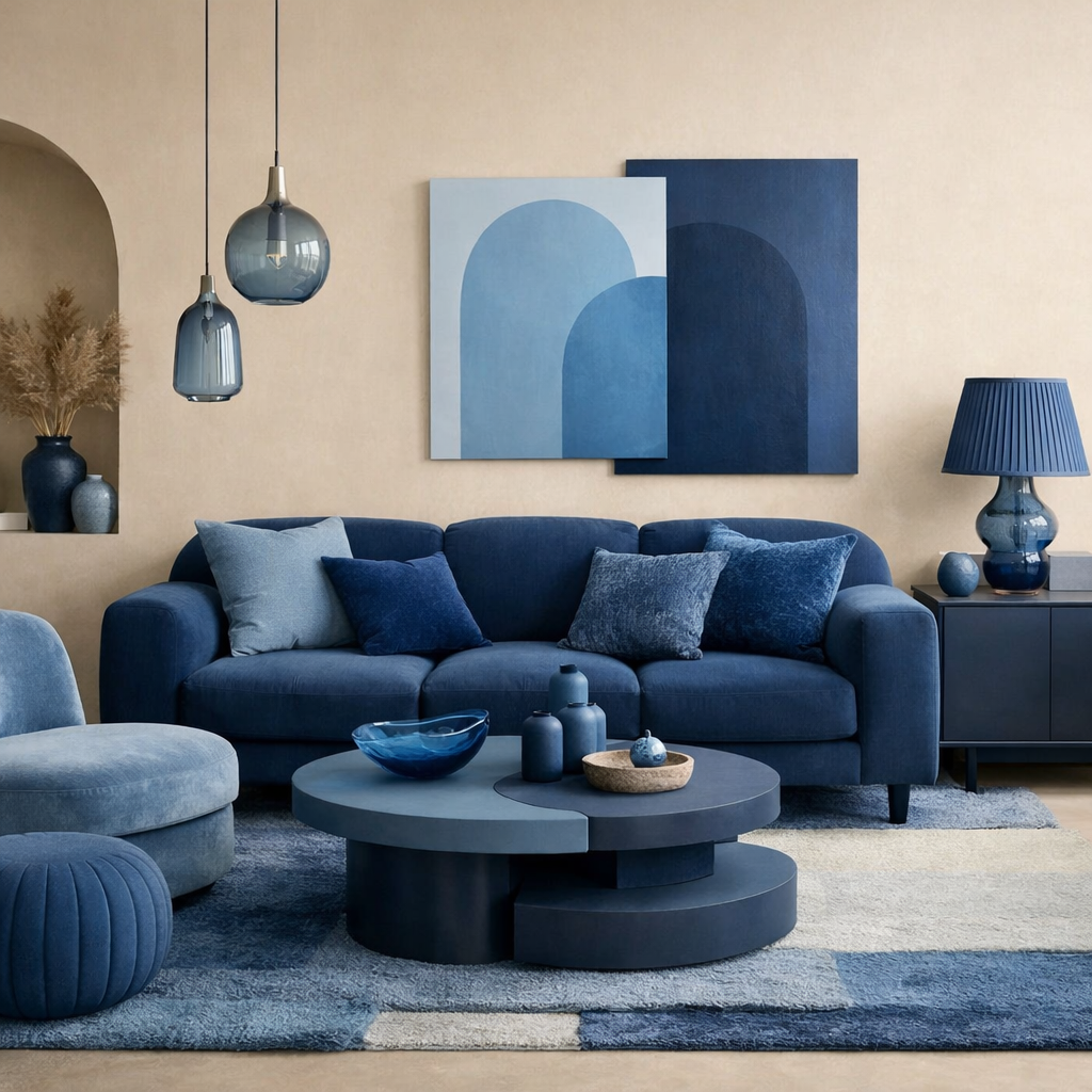 A cozy living room featuring layered shades of blue with beige accents.