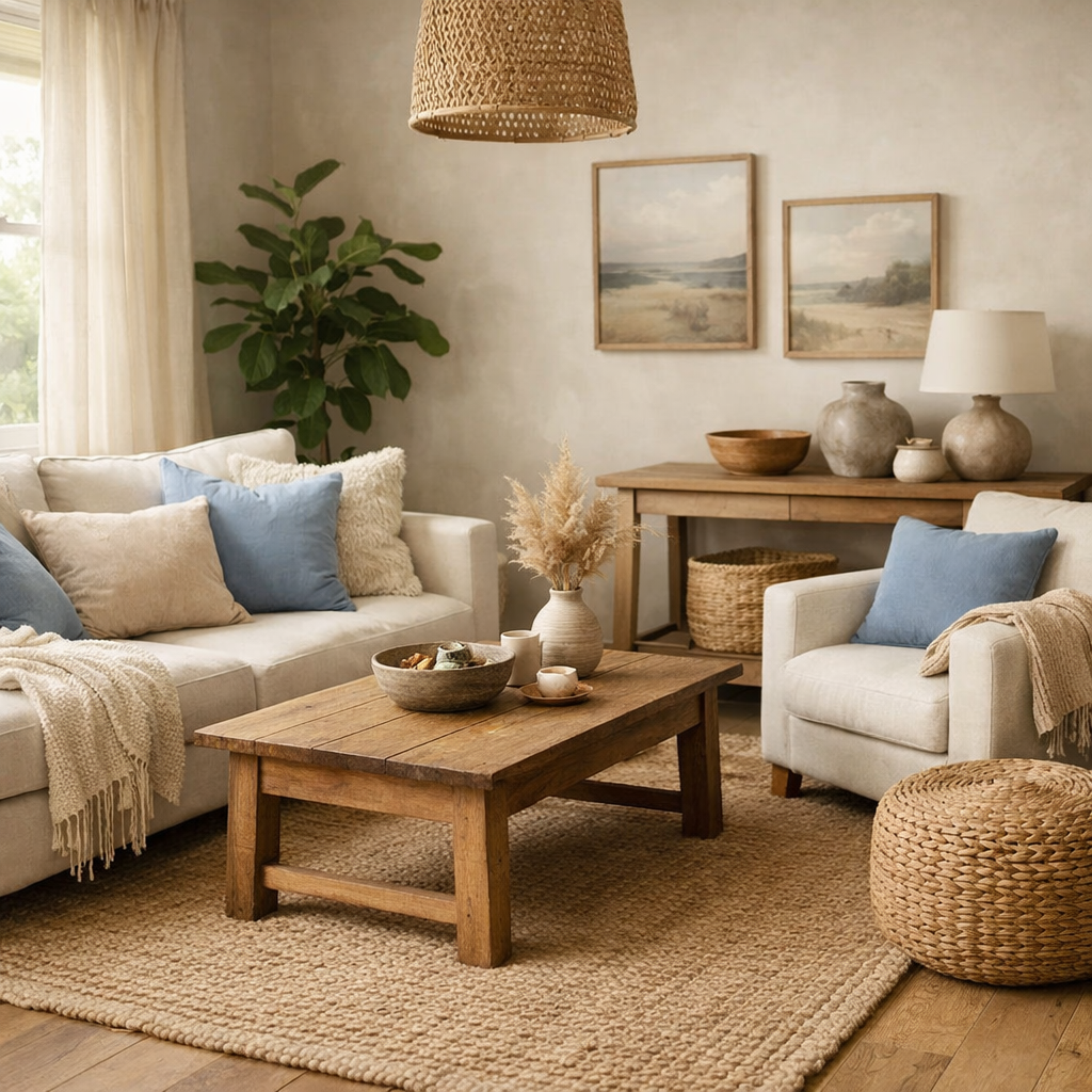 A cozy living room featuring beige and blue decor with soft fabrics and natural materials.