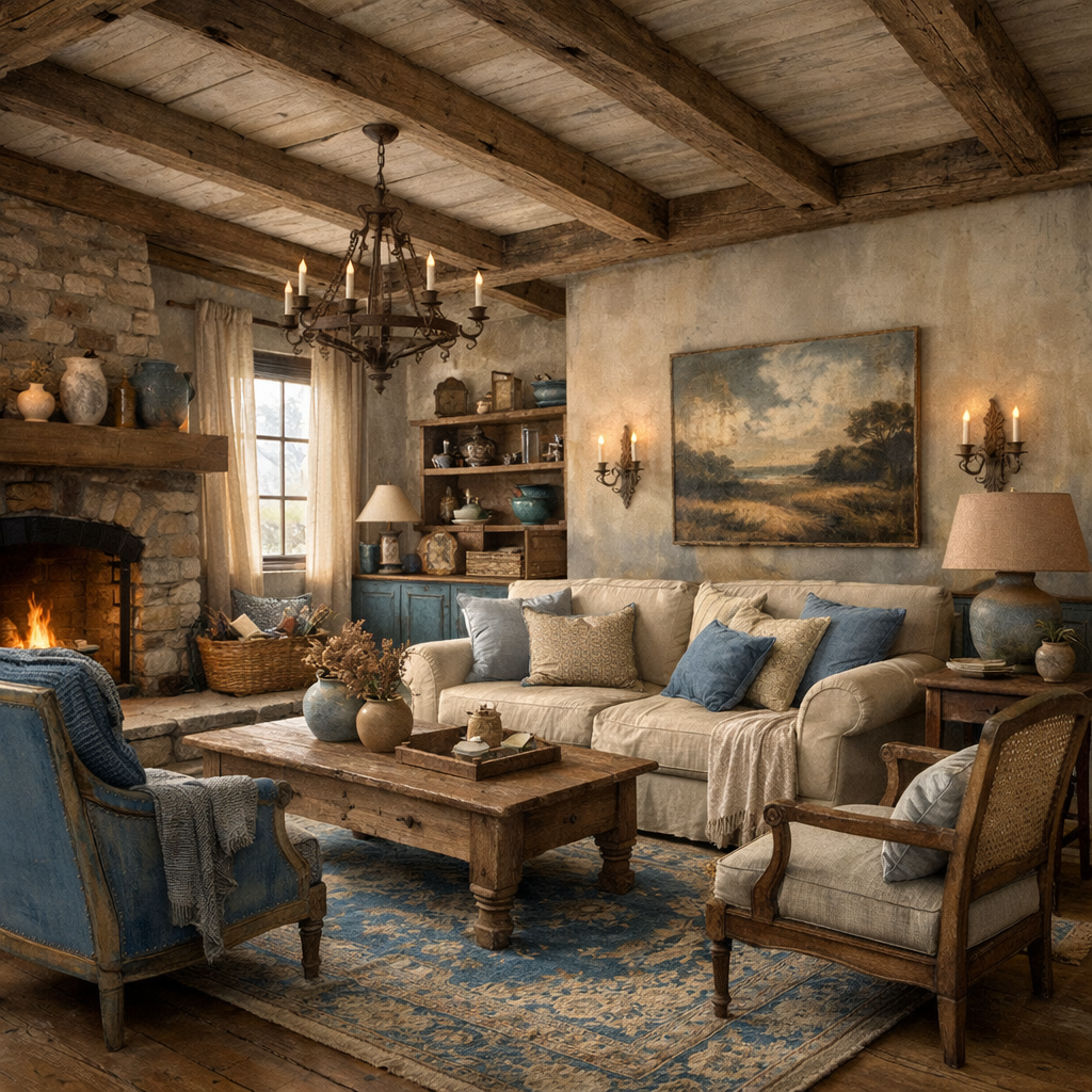 Rustic living room featuring beige sofa, blue cushions, wooden furniture, and stone fireplace