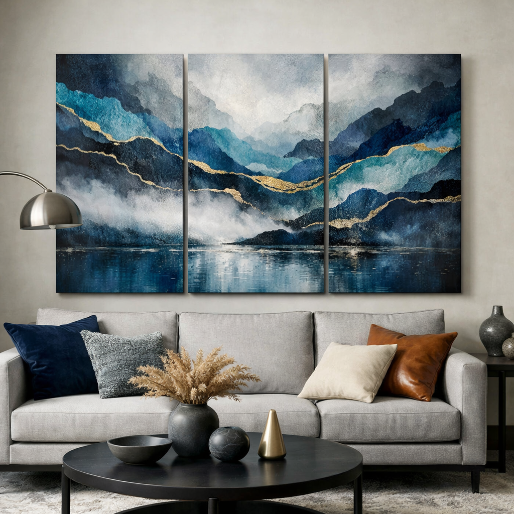 Artistic blue and gray wall art featuring mountains and gold accents in a modern living room.