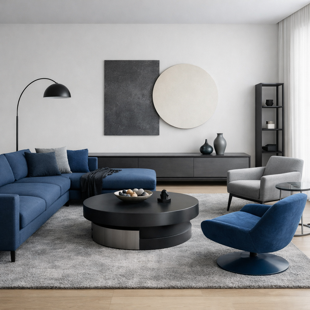 A contemporary living room featuring a deep blue sectional sofa, round black coffee table, and gray chair against a light backdrop.