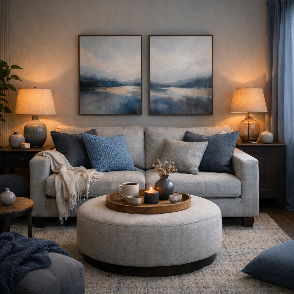 A cozy living room featuring a gray sofa with blue pillows, round wooden coffee table, warm lamps, and serene landscape artwork.