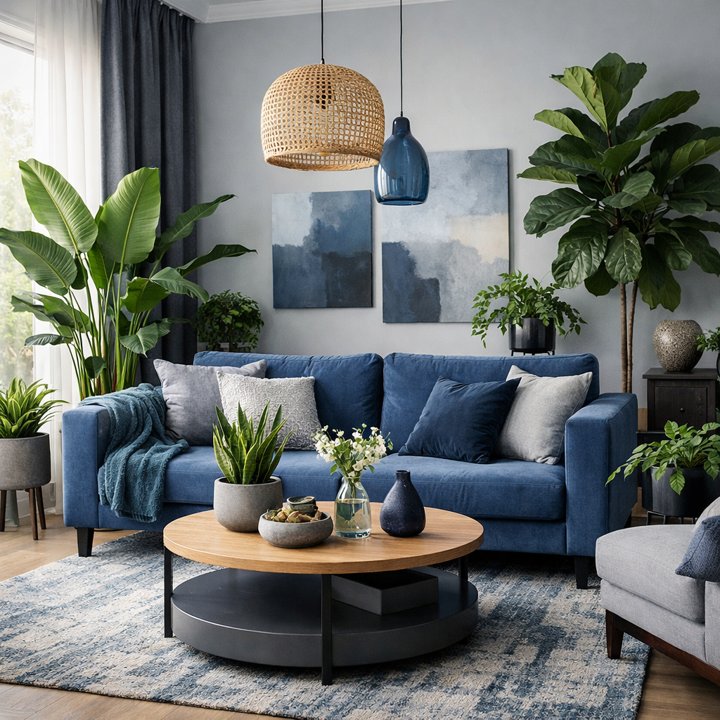 A stylish blue and gray living room with a blue sofa, hanging plants, and decorative items.
