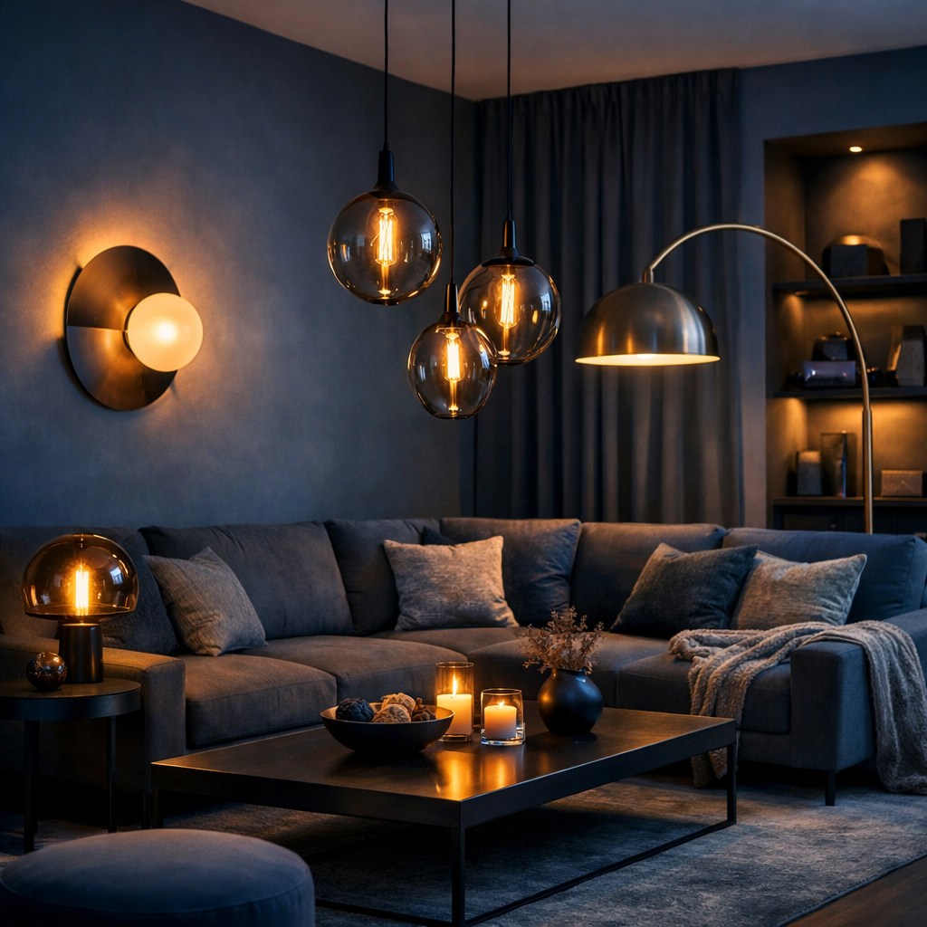 A cozy blue and gray living room featuring stylish lighting fixtures and candles