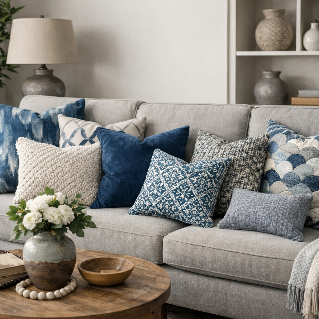 A cozy gray couch adorned with various blue and gray throw pillows, showcasing a mix of patterns and textures.