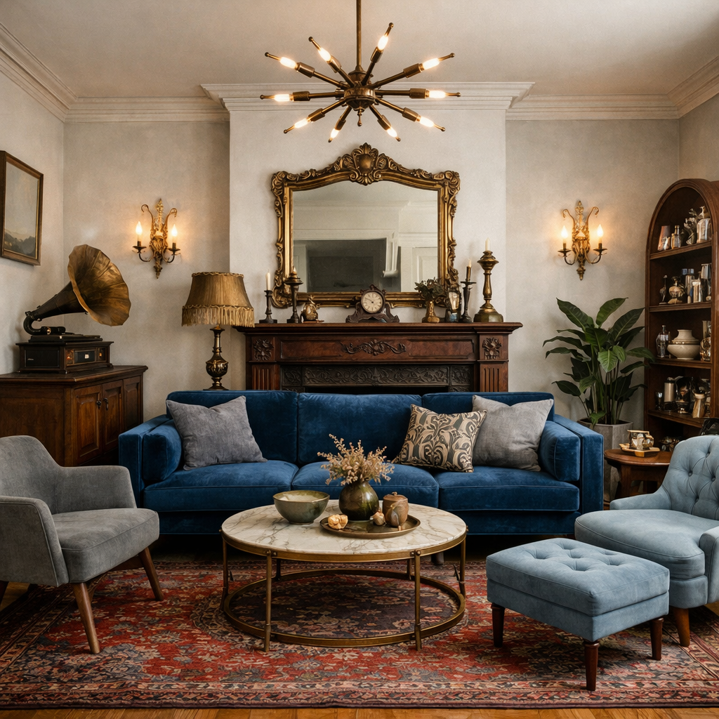 A cozy living room featuring blue and gray decor with vintage accents