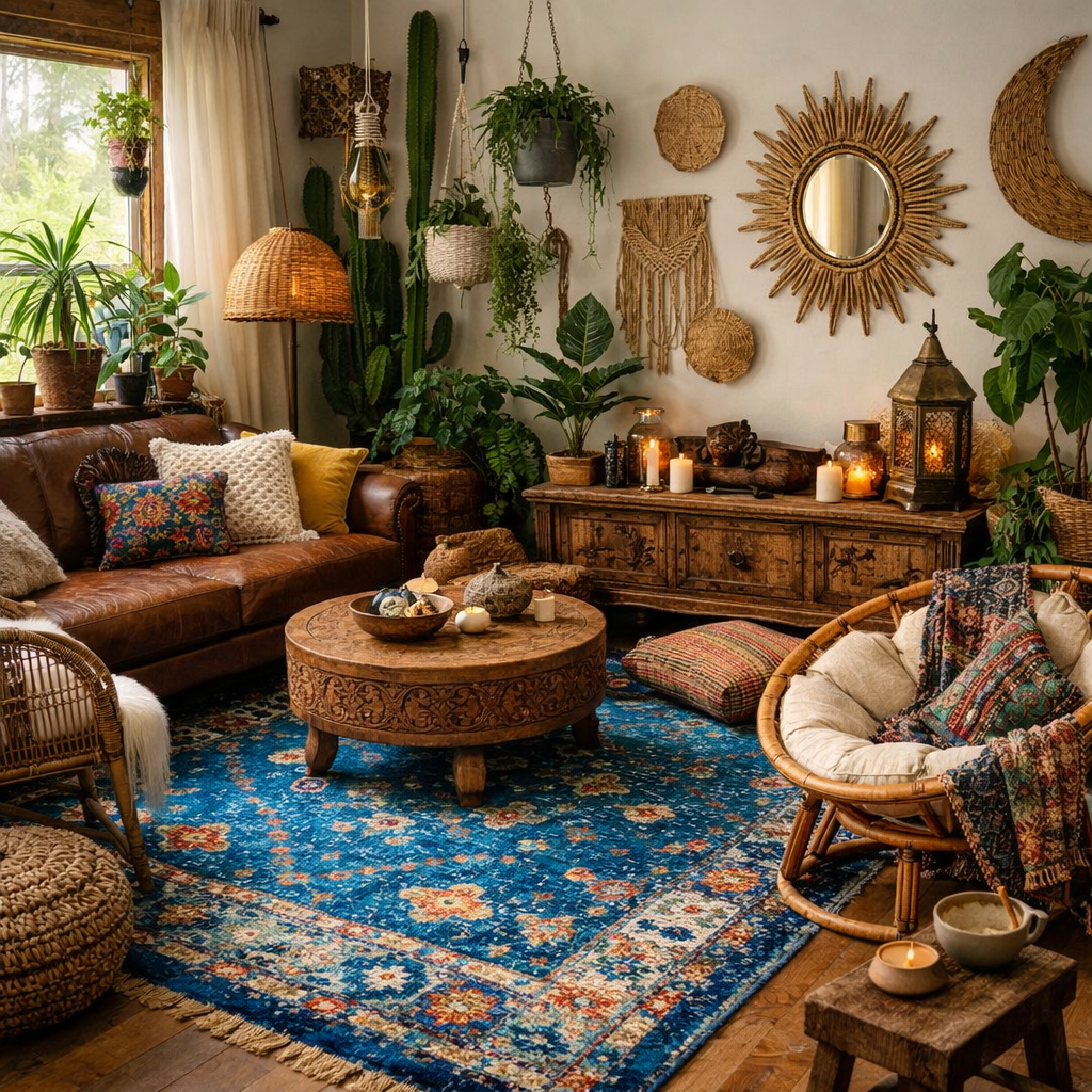 Cozy living room featuring a colorful blue rug with a leather sofa and wooden furniture, decorated with plants and bohemian decor.