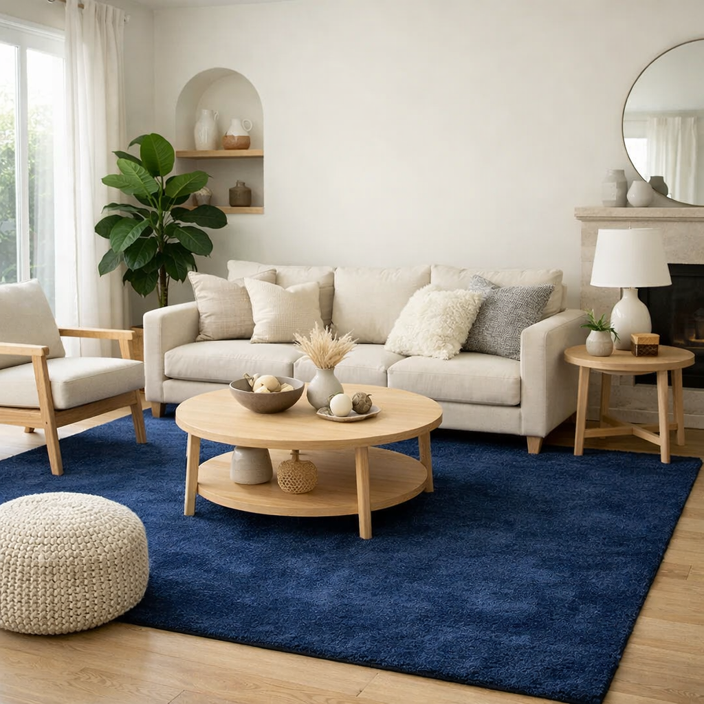 A cozy living room featuring a dark blue rug, light furniture, and decorative elements.
