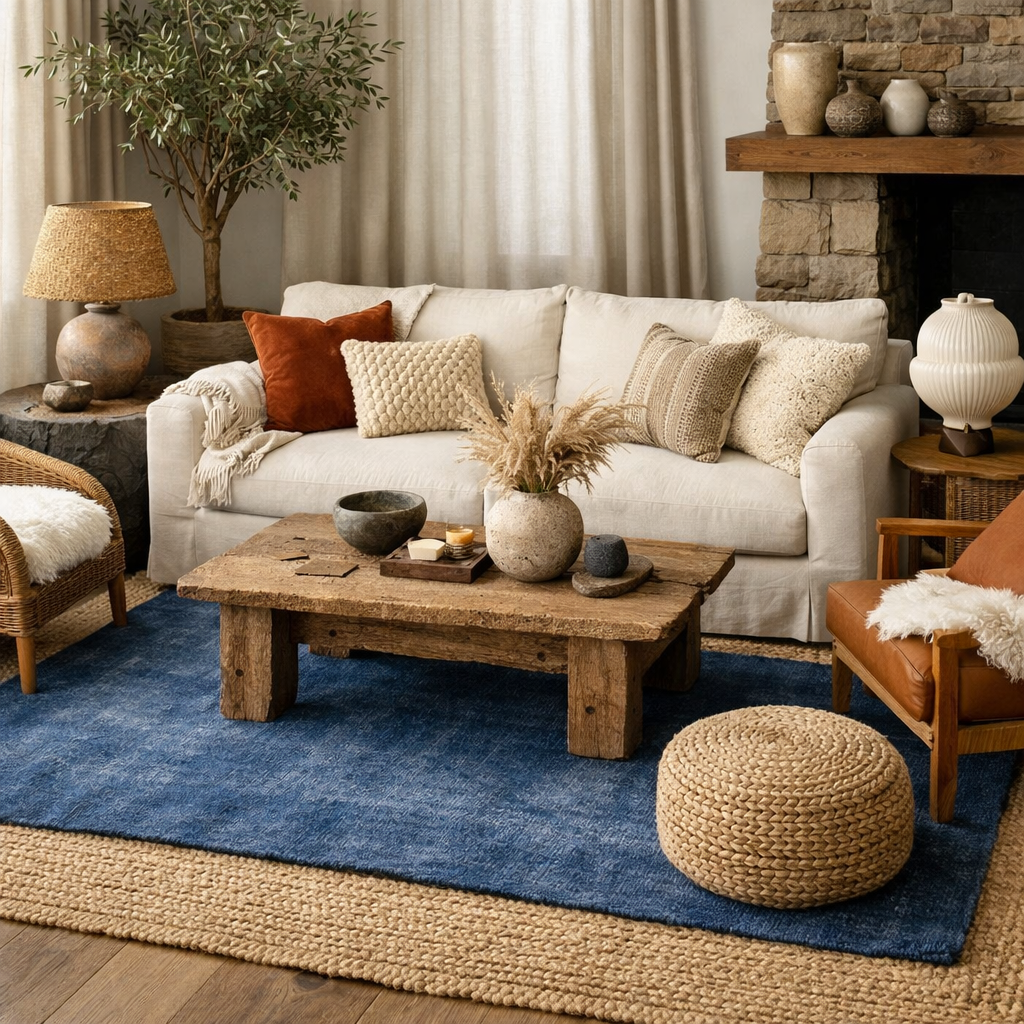 Cozy living room featuring a blue rug, wooden furniture, and various textured accessories.