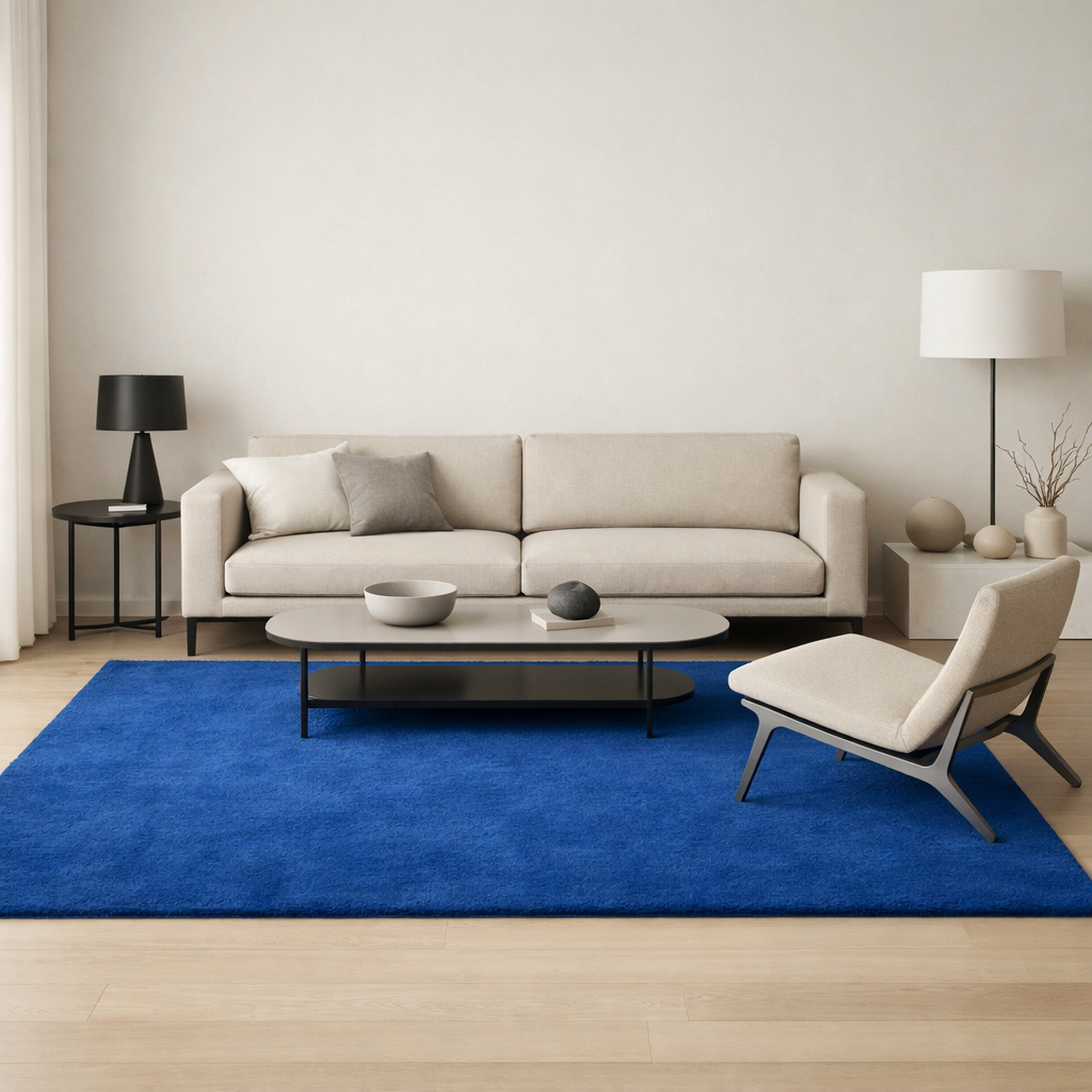 A minimalistic living room featuring a blue rug, beige sofa, and simple furniture.