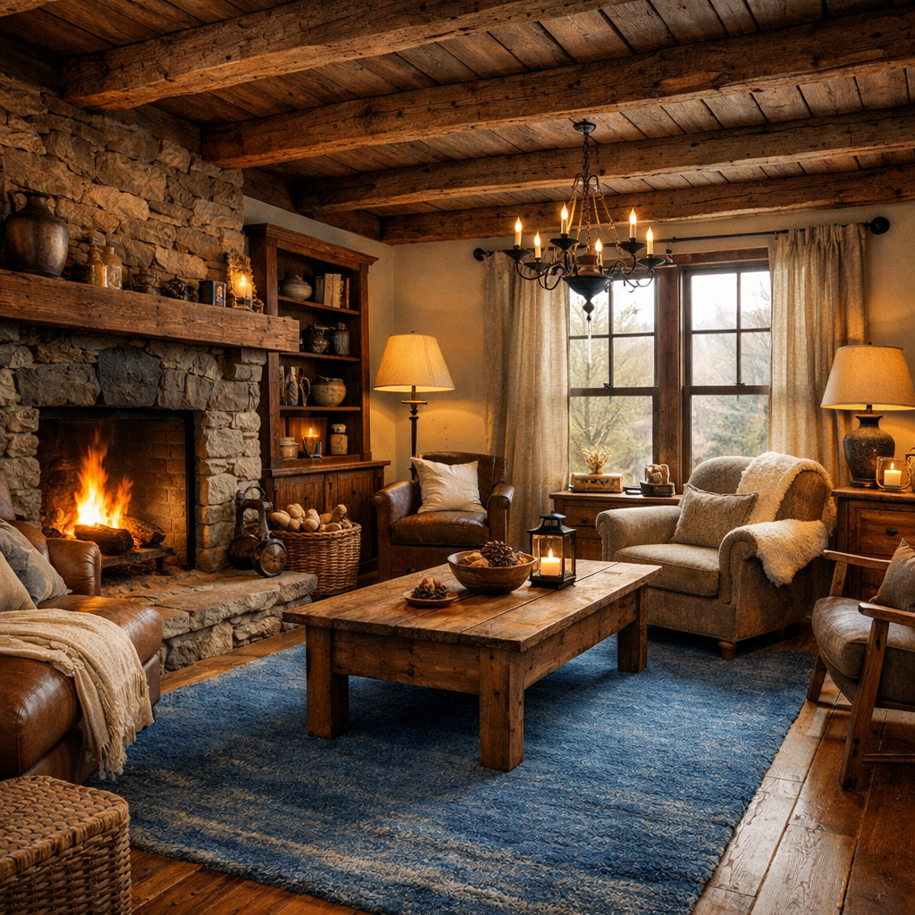 A cozy rustic living room featuring a blue rug, stone fireplace, and warm wooden accents.